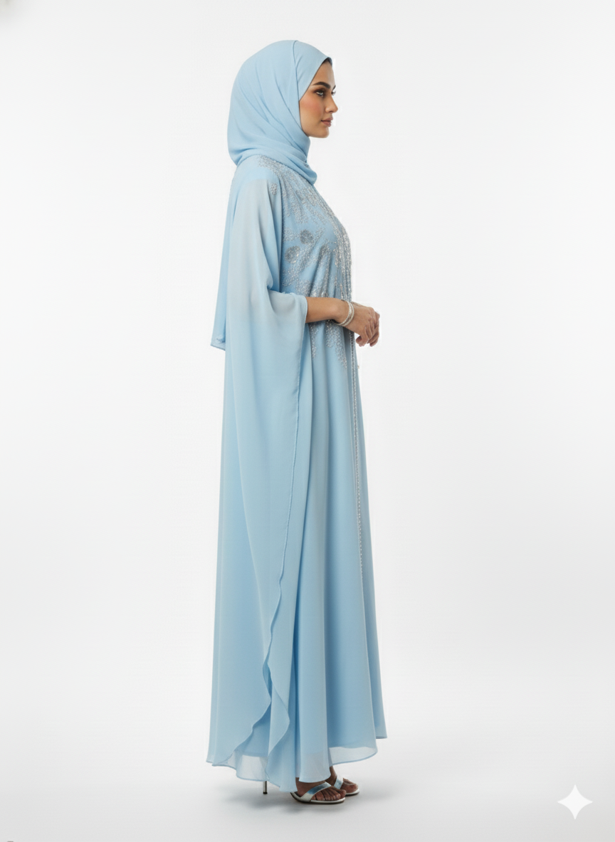 Sky Blue Kaftan Abaya | Embellished Butterfly Sleeve Modest Dress | Chiffon Rizqé Luxury  Fashion