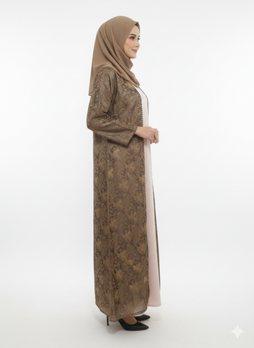 Golden Beige Embroidered Abaya | Rizqé Luxury Champagne Tonal Floral Motif