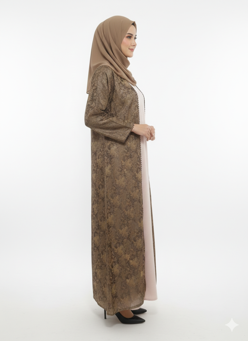 Golden Beige Embroidered Abaya | Rizqé Luxury Champagne Tonal Floral Motif