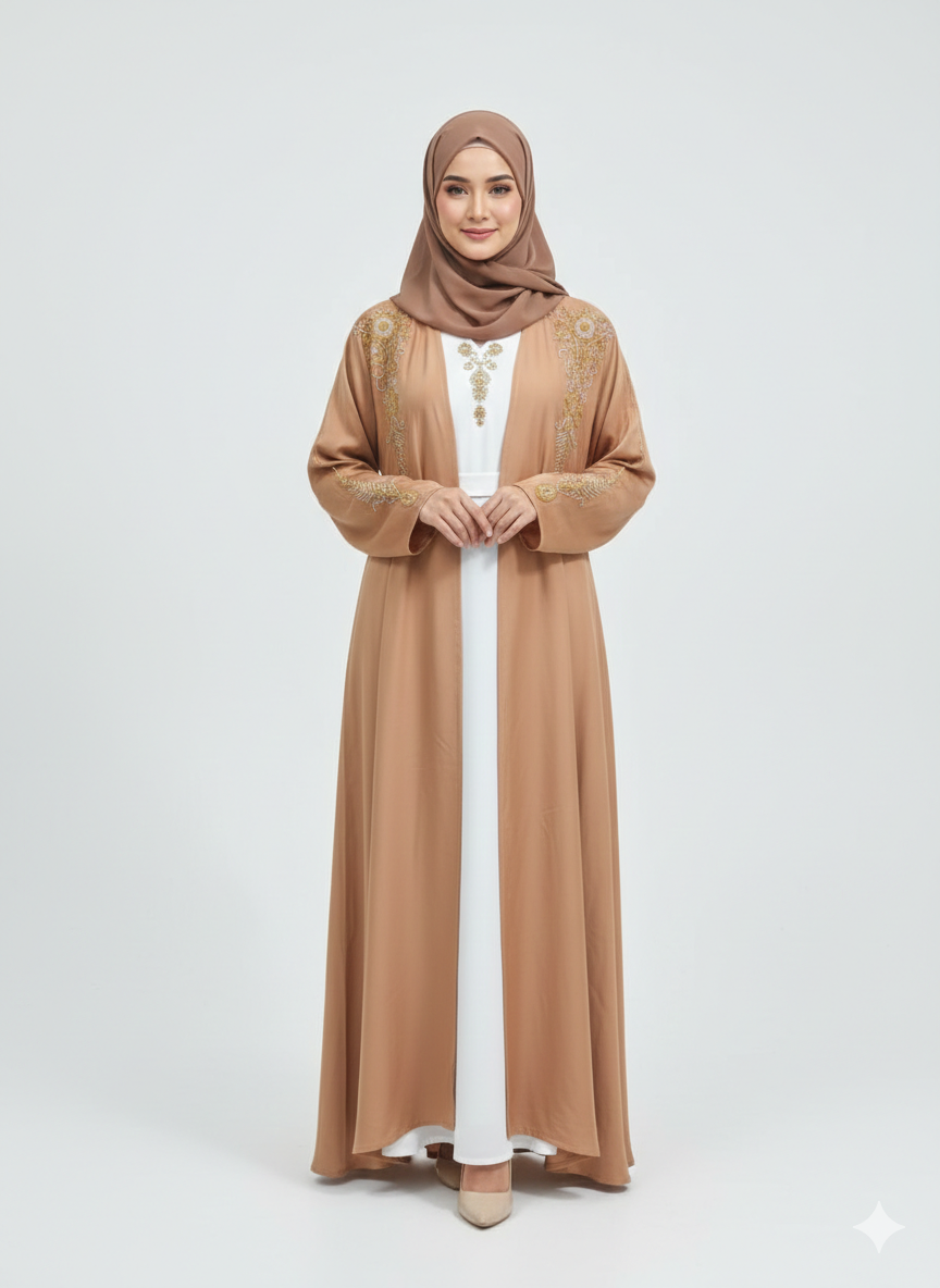Peachy Pink Embroidered Abaya | Rizqé Luxury Gold & White Floral Hand-Work Modest Open Abaya