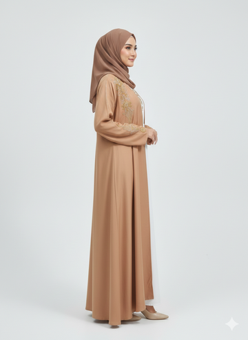 Peachy Pink Embroidered Abaya | Rizqé Luxury Gold & White Floral Hand-Work Modest Open Abaya