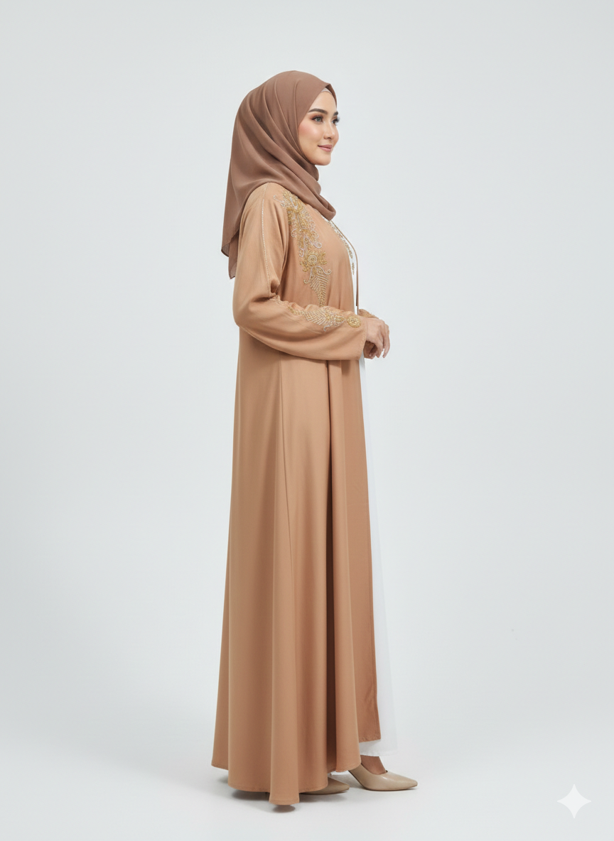Peachy Pink Embroidered Abaya | Rizqé Luxury Gold & White Floral Hand-Work Modest Open Abaya