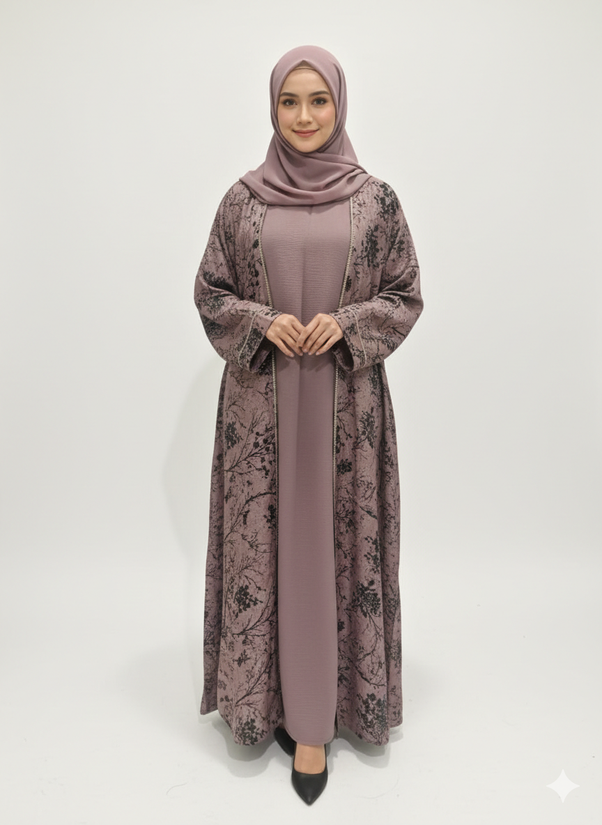 Dusty Pink & Mauve Botanical Abaya | Rizqé Luxury Cotton-Blend Wrap with Delicate Charcoal Floral Artistry