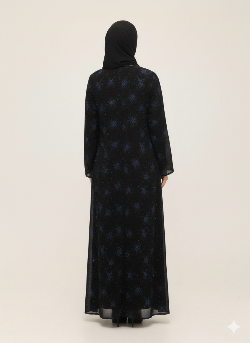 Black Abaya with Blue Floral Print & Hand-Beaded Embroidery | Rizqé Luxury Sapphire Blossom Modest Wrap