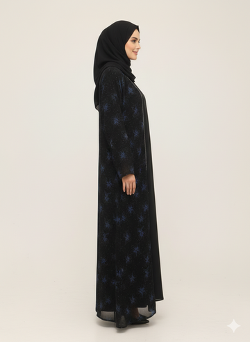 Black Abaya with Blue Floral Print & Hand-Beaded Embroidery | Rizqé Luxury Sapphire Blossom Modest Wrap