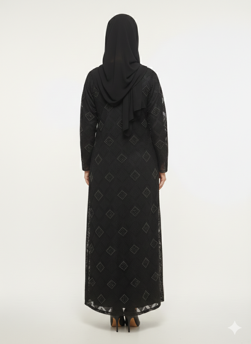 Rizqé Midnight Dahlia Black Kimono-Style Embossed Abaya