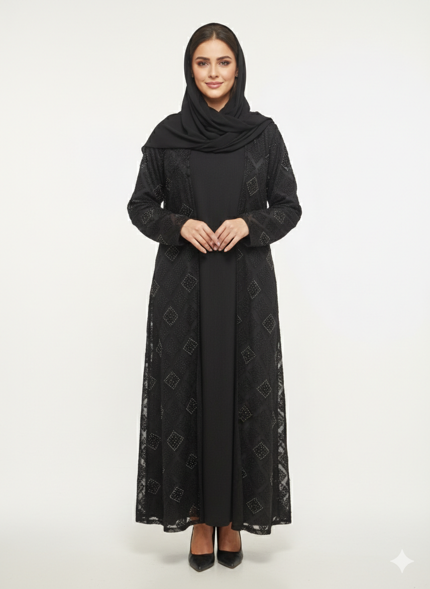 Rizqé Midnight Dahlia Black Kimono-Style Embossed Abaya