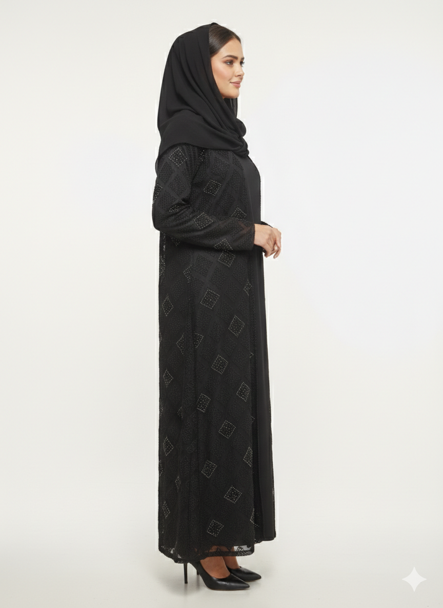 Rizqé Midnight Dahlia Black Kimono-Style Embossed Abaya