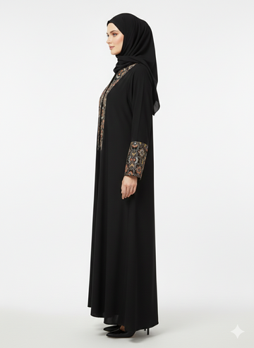 Rizqé Onyx Sovereign Black Nida Abaya with Gold Baroque Embroidery