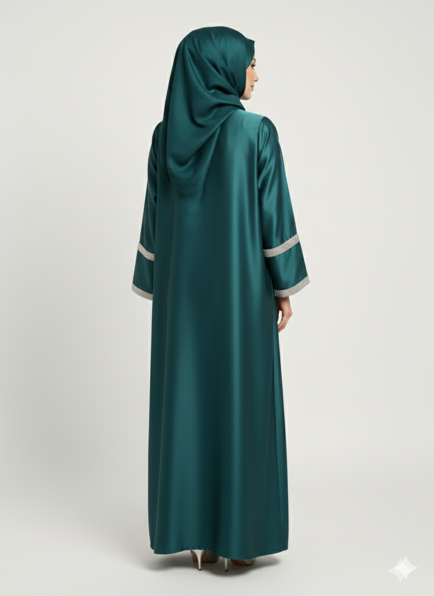Emerald Satin Abaya | Silver Trim Open Kimono Dress | Rizqé Luxury American Satin Finish