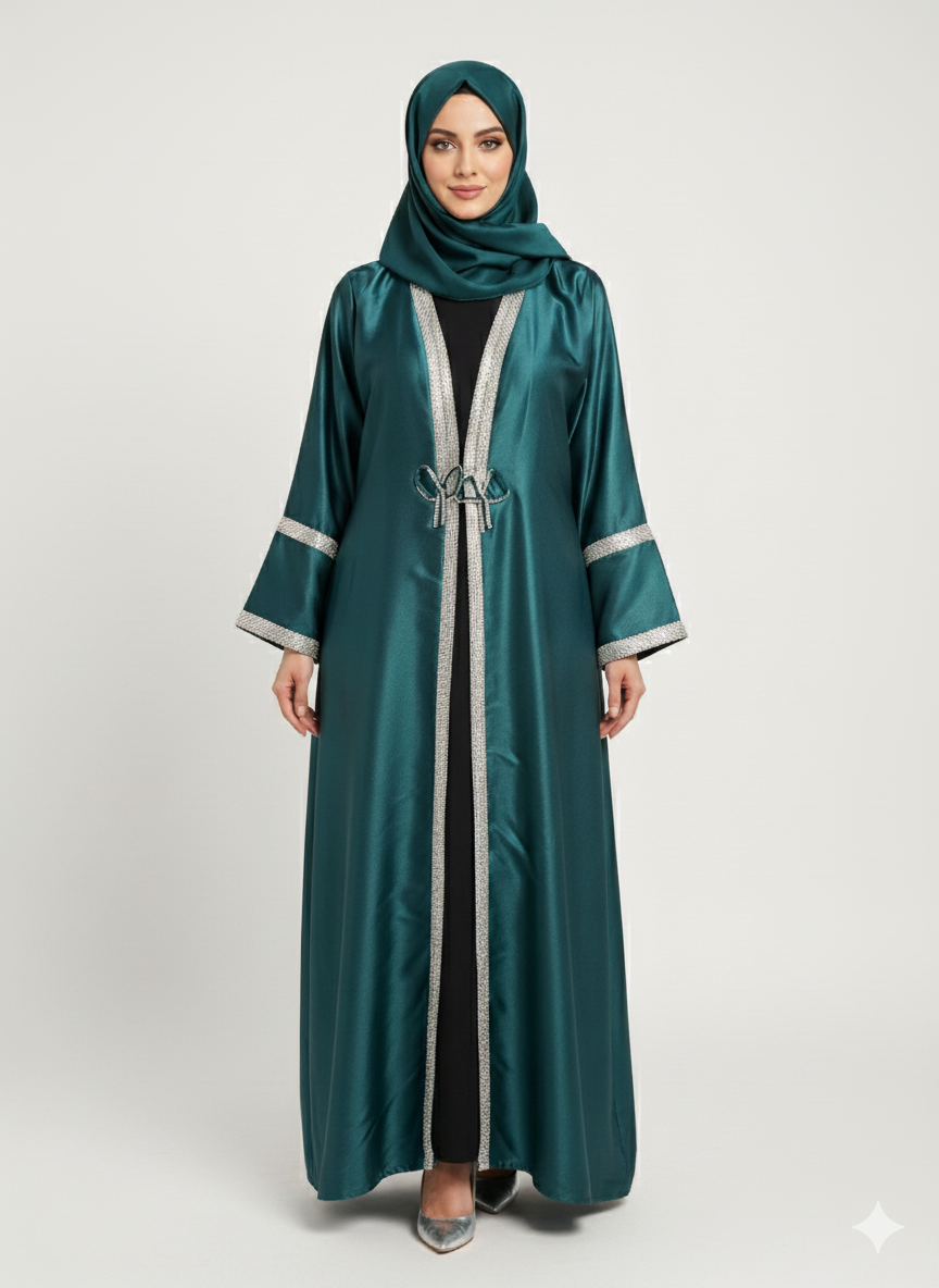 Emerald Satin Abaya | Silver Trim Open Kimono Dress | Rizqé Luxury American Satin Finish