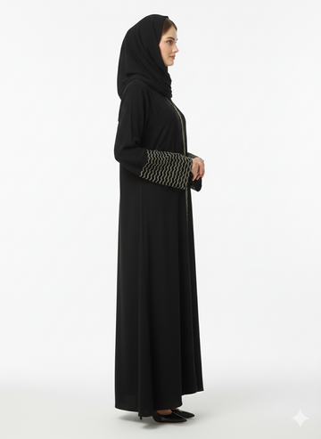 Rizqé Gilded Wave Noir Black Abaya with Beige Zig-Zag Embroidery