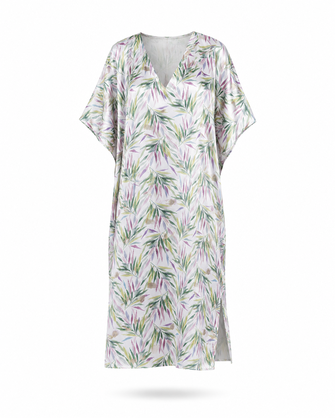 Zohroze Tropical Satin Leaf Print Maxi Kaftan