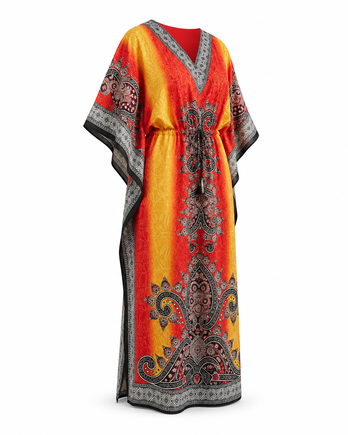 Zohroze Ombre Yellow Red Paisley Kaftan Maxi Dress