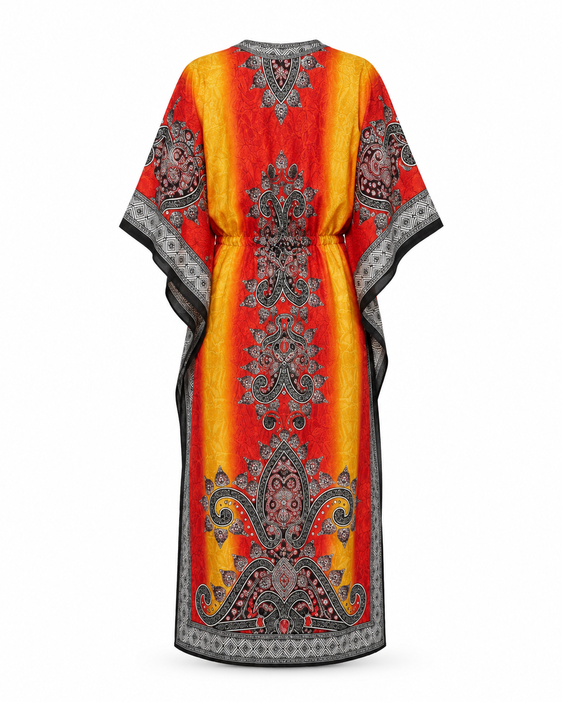 Zohroze Ombre Yellow Red Paisley Kaftan Maxi Dress