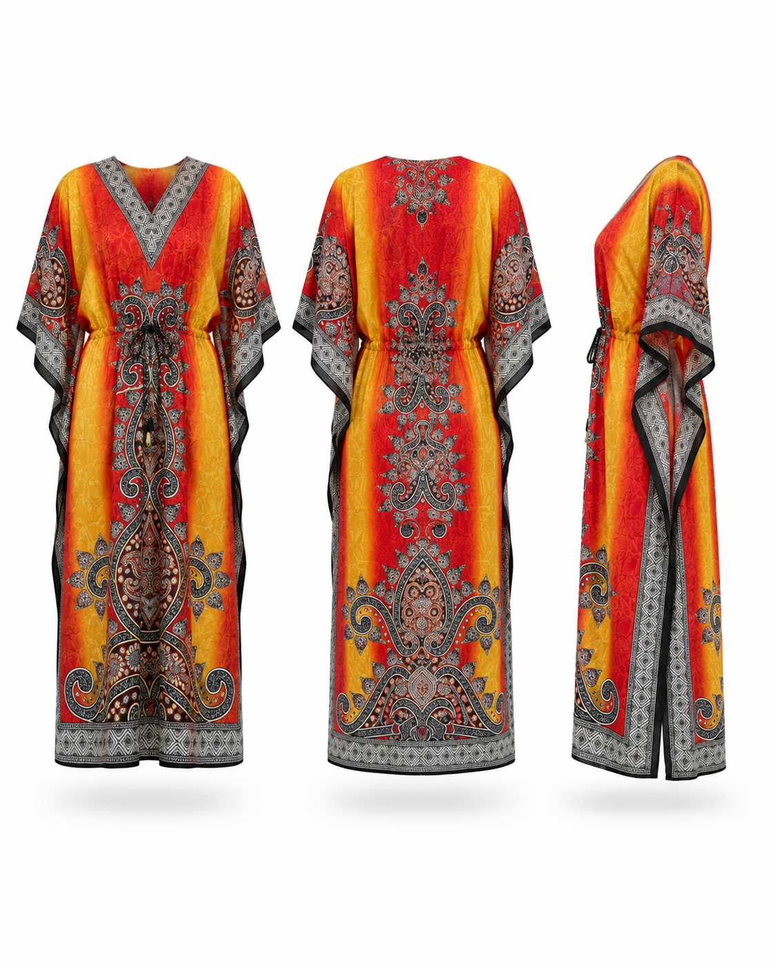 Zohroze Ombre Yellow Red Paisley Kaftan Maxi Dress