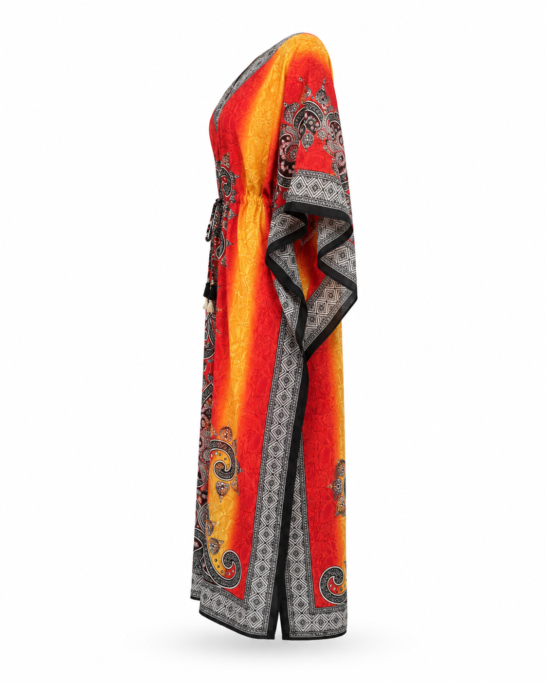 Zohroze Ombre Yellow Red Paisley Kaftan Maxi Dress