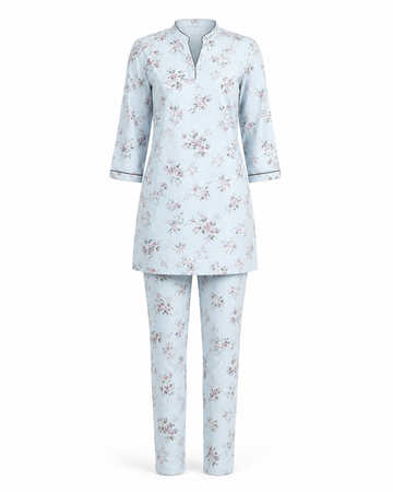 Zohroze Light Blue Floral Rayon Kurti & Pant Co-Ord Set