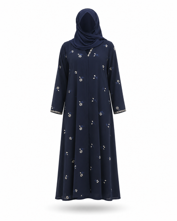 Zohroze Navy Blue Floral Embroidered Abaya