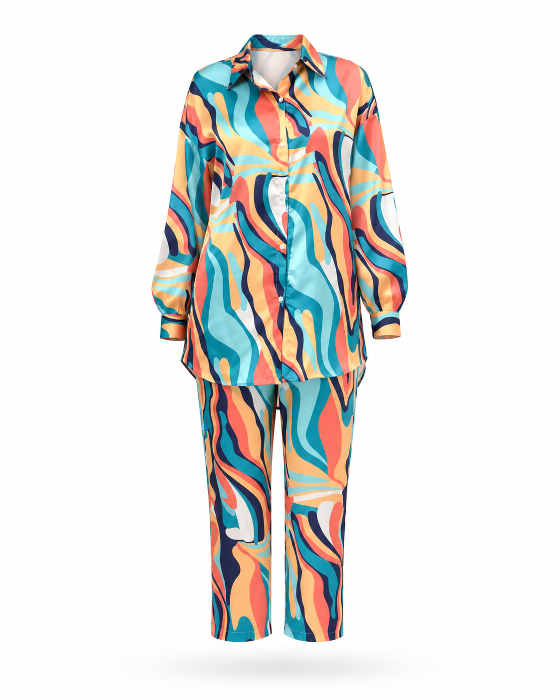 Zohroze Multicolor Wave Print Satin Co-Ord Set