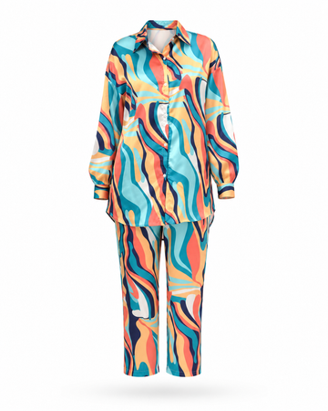 Zohroze Multicolor Wave Print Satin Co-Ord Set