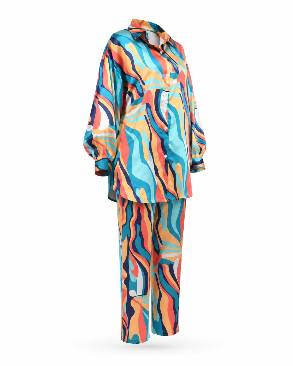 Zohroze Multicolor Wave Print Satin Co-Ord Set