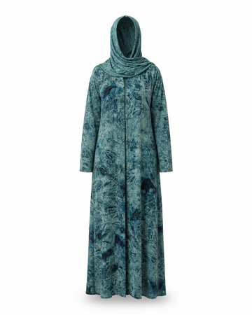Zohroze Luxury Teal & Seafoam Mineral Print Textured Modest Chiffon Wrap Abaya