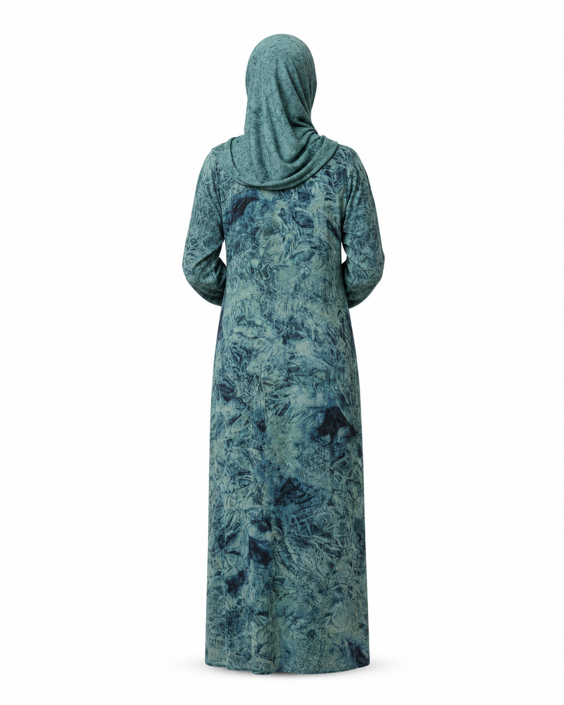 Zohroze Luxury Teal & Seafoam Mineral Print Textured Modest Chiffon Wrap Abaya