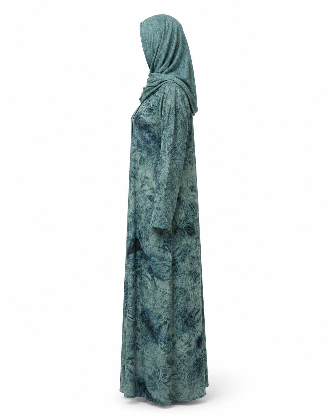 Zohroze Luxury Teal & Seafoam Mineral Print Textured Modest Chiffon Wrap Abaya