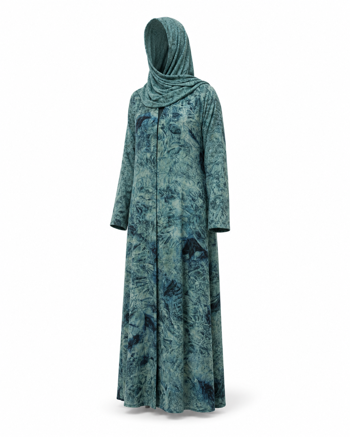 Zohroze Luxury Teal & Seafoam Mineral Print Textured Modest Chiffon Wrap Abaya