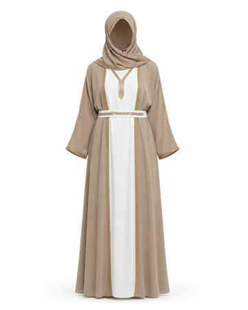 Zohroze Taupe Open Abaya with Gold Trim Belt and White Inner Dress
