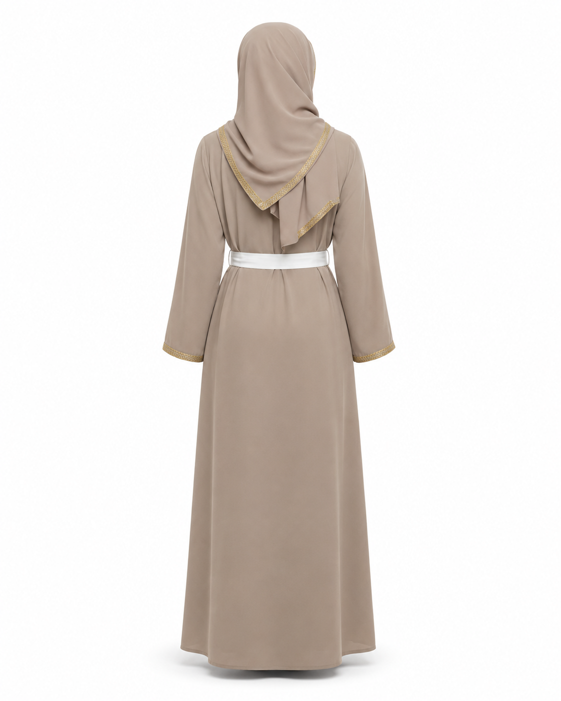 Zohroze Taupe Open Abaya with Gold Trim Belt and White Inner Dress