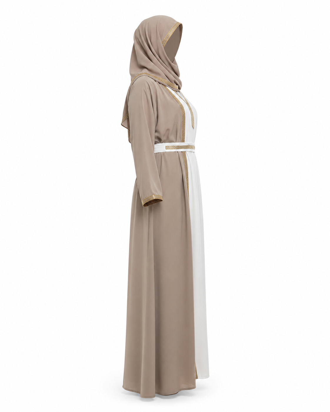 Zohroze Taupe Open Abaya with Gold Trim Belt and White Inner Dress