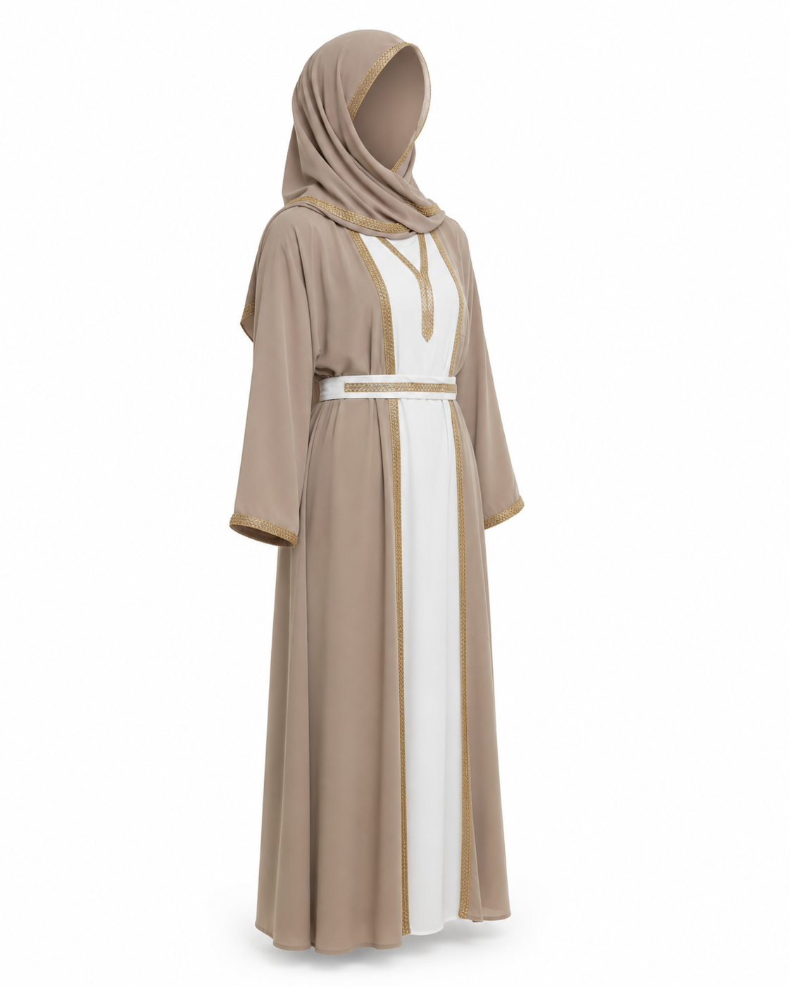 Zohroze Taupe Open Abaya with Gold Trim Belt and White Inner Dress