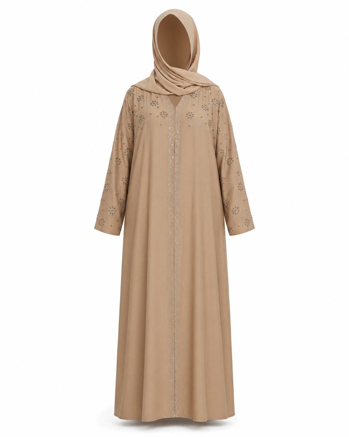 Zohroze Taupe Nida Abaya with Silver Star & Floral Embellished Silhouette Dress