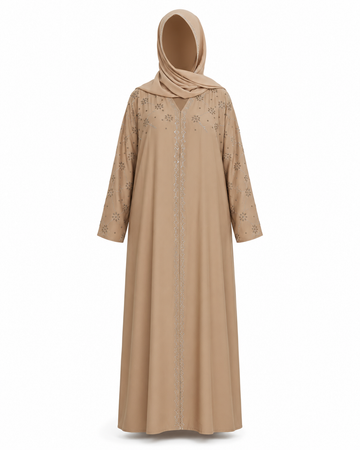 Zohroze Taupe Nida Abaya with Silver Star & Floral Embellished Silhouette Dress