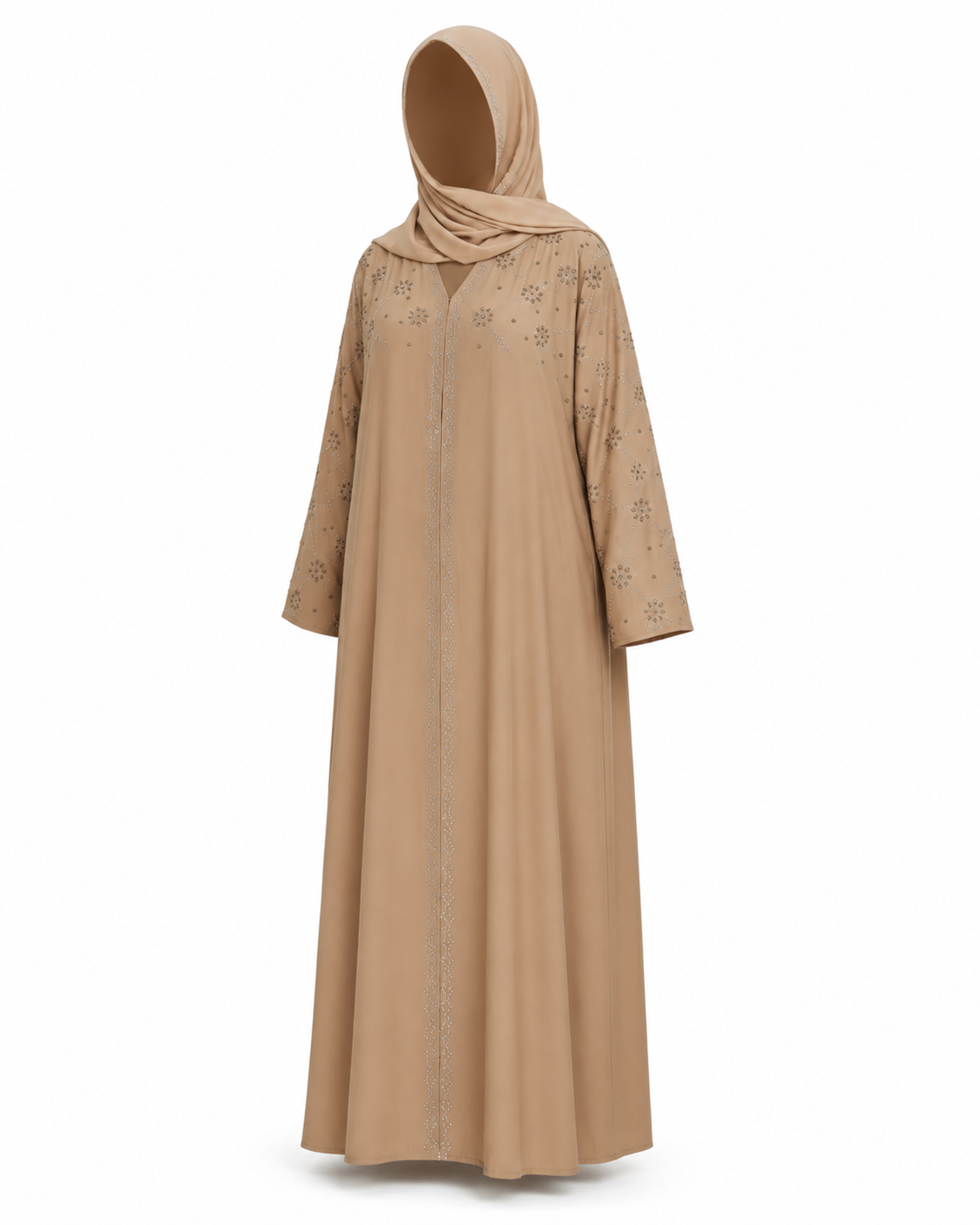Zohroze Taupe Nida Abaya with Silver Star & Floral Embellished Silhouette Dress