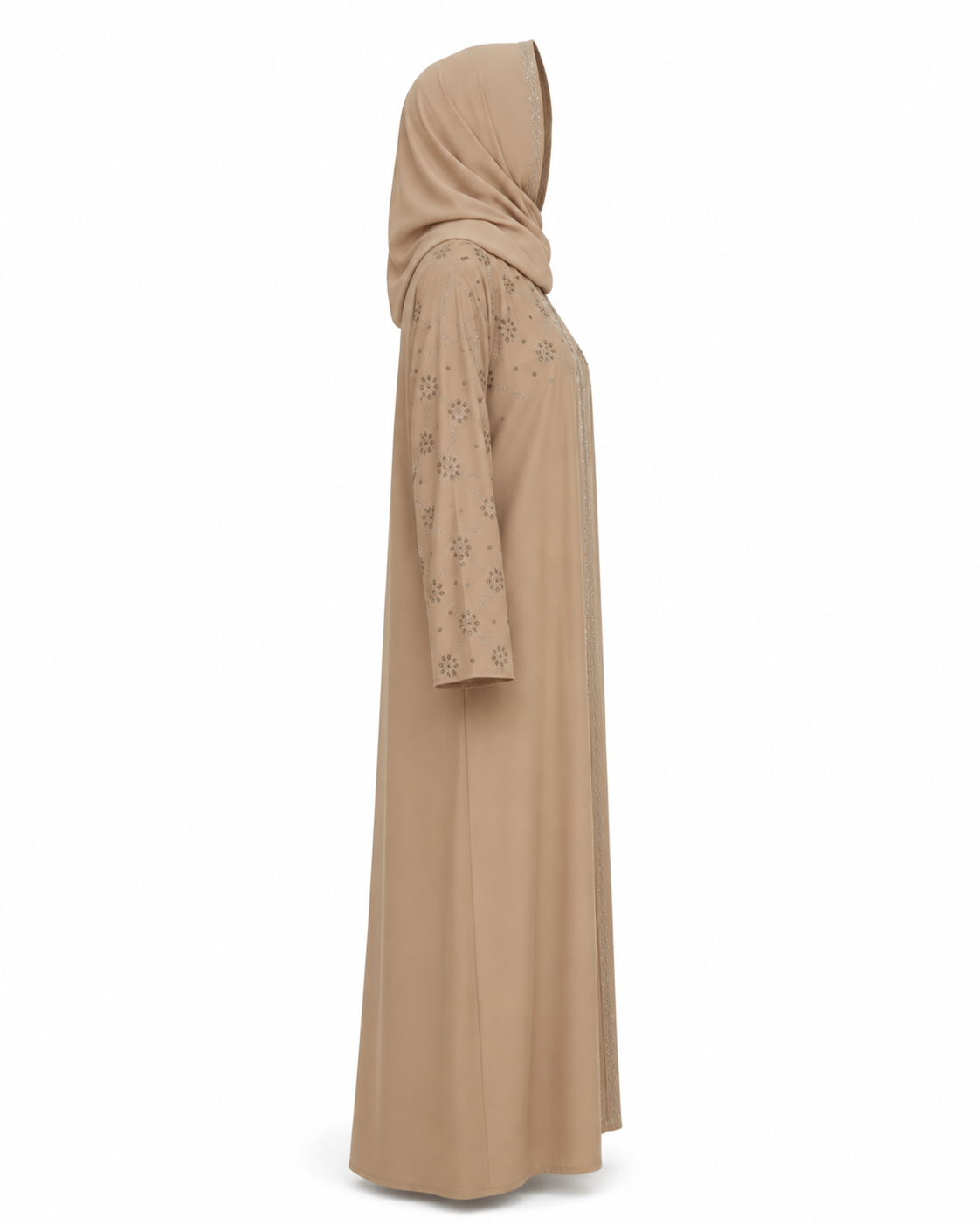 Zohroze Taupe Nida Abaya with Silver Star & Floral Embellished Silhouette Dress
