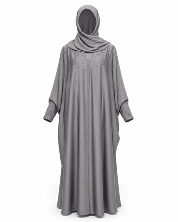 Zohroze Storm Grey Butterfly Abaya with Silver Geometric Hand Embellishment
