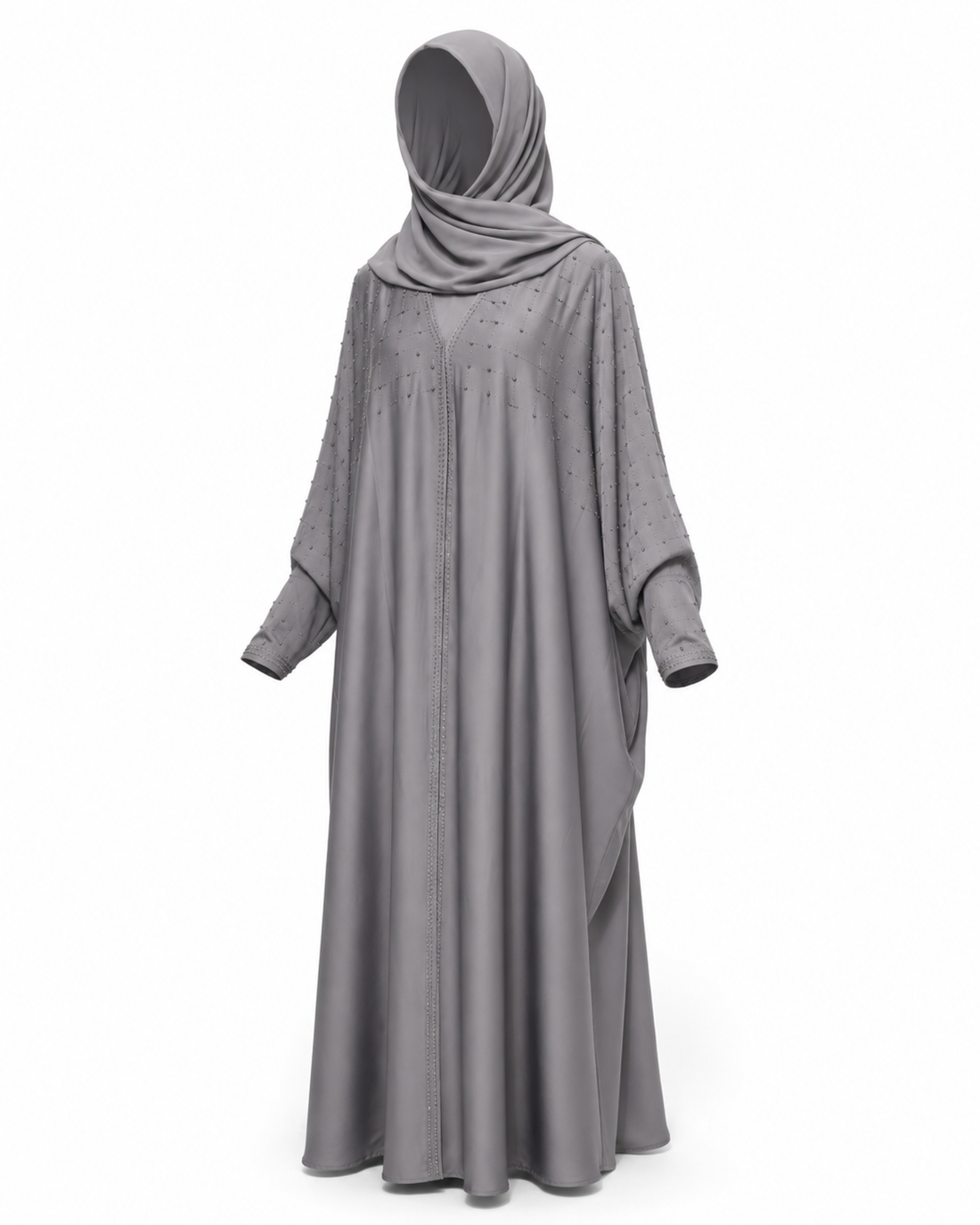 Zohroze Storm Grey Butterfly Abaya with Silver Geometric Hand Embellishment
