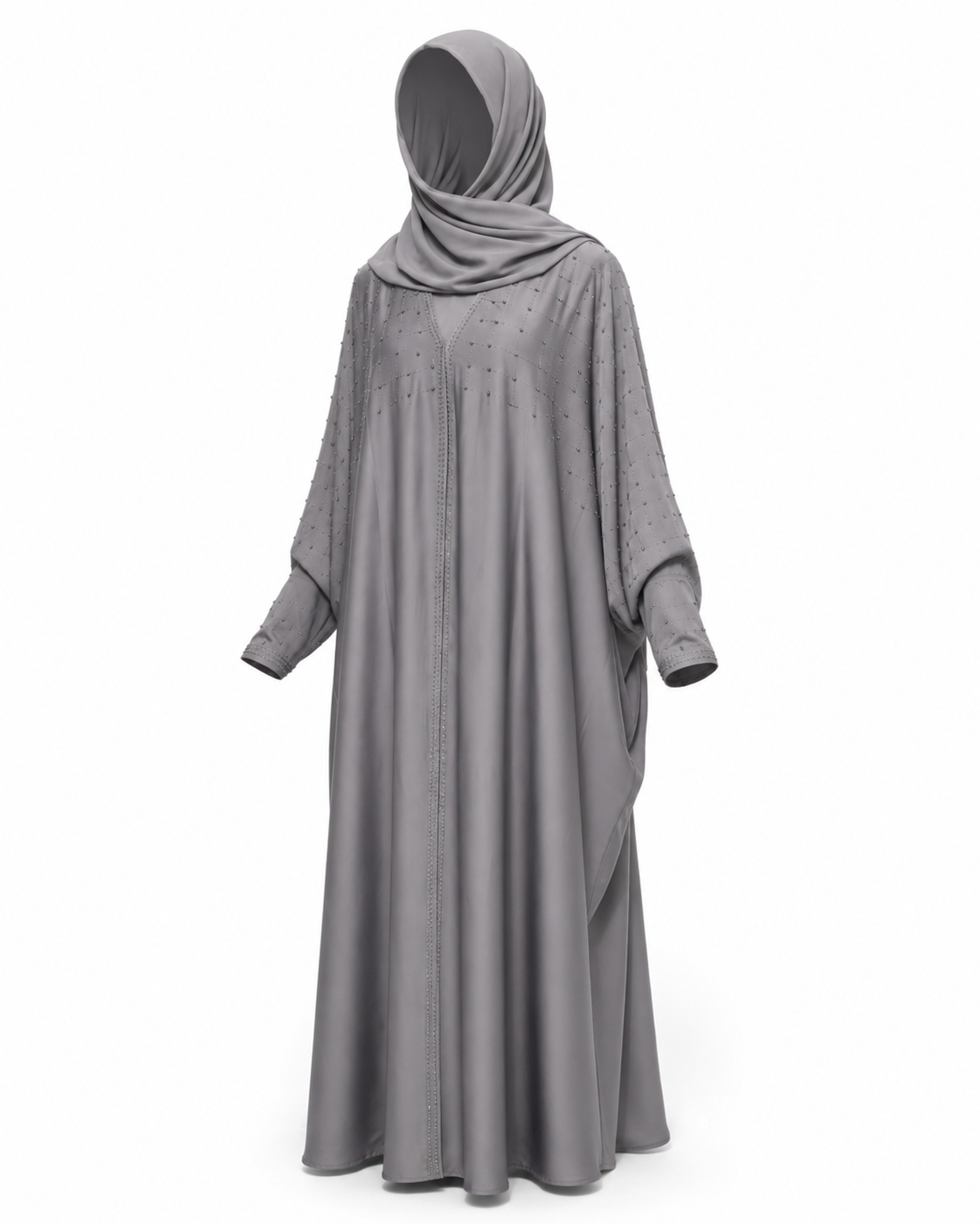 Zohroze Storm Grey Butterfly Abaya with Silver Geometric Hand Embellishment