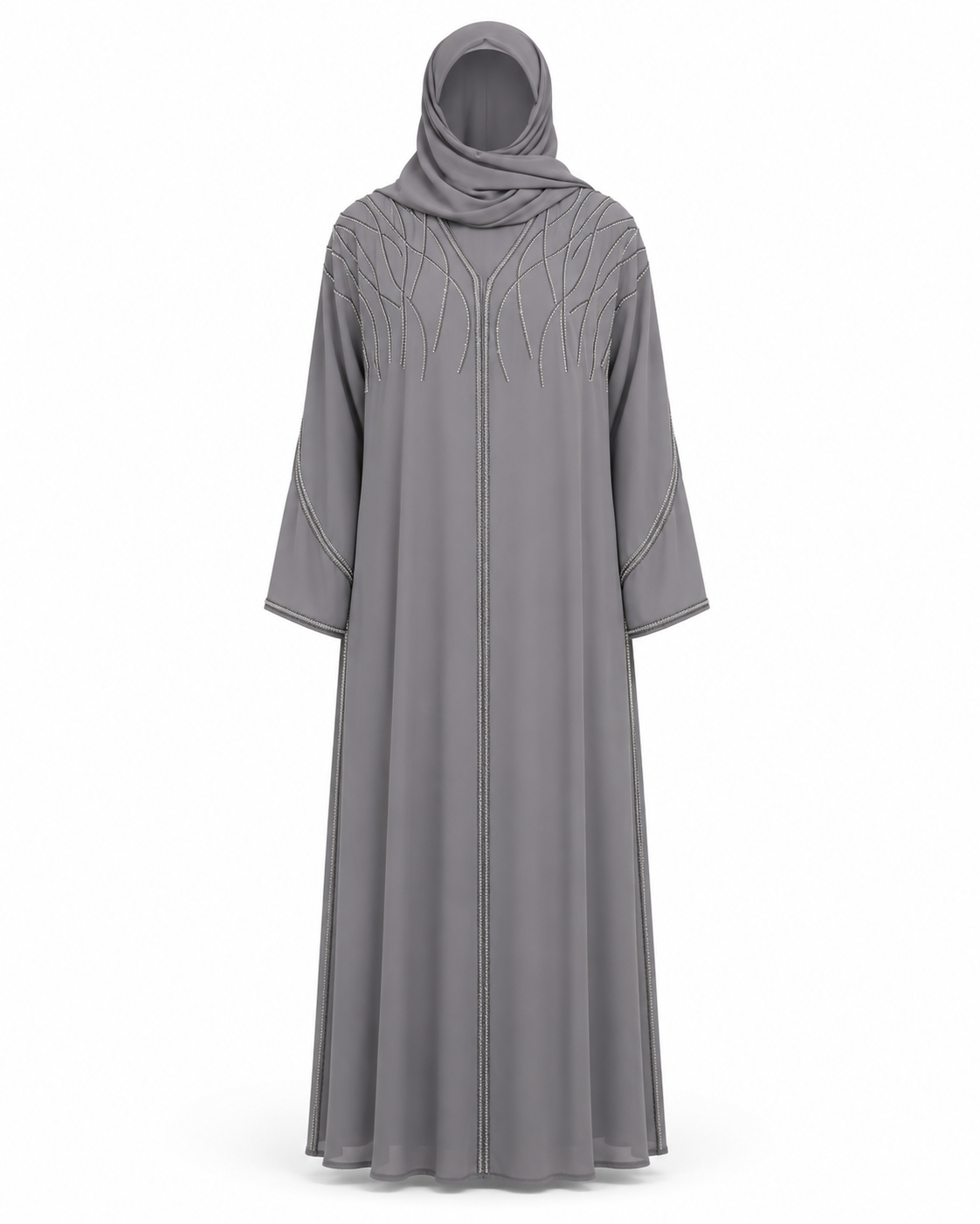 Zohroze Steel Grey Layered Farasha Abaya with Silver Vine Hand Embellishment