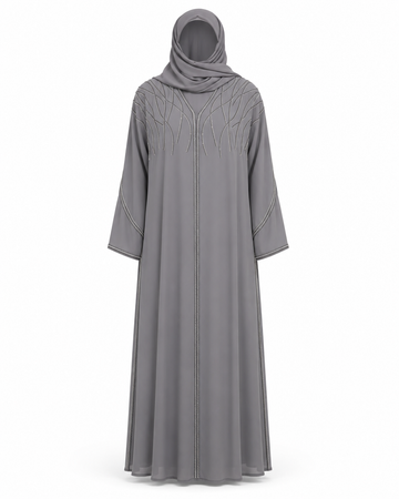 Zohroze Steel Grey Layered Farasha Abaya with Silver Vine Hand Embellishment