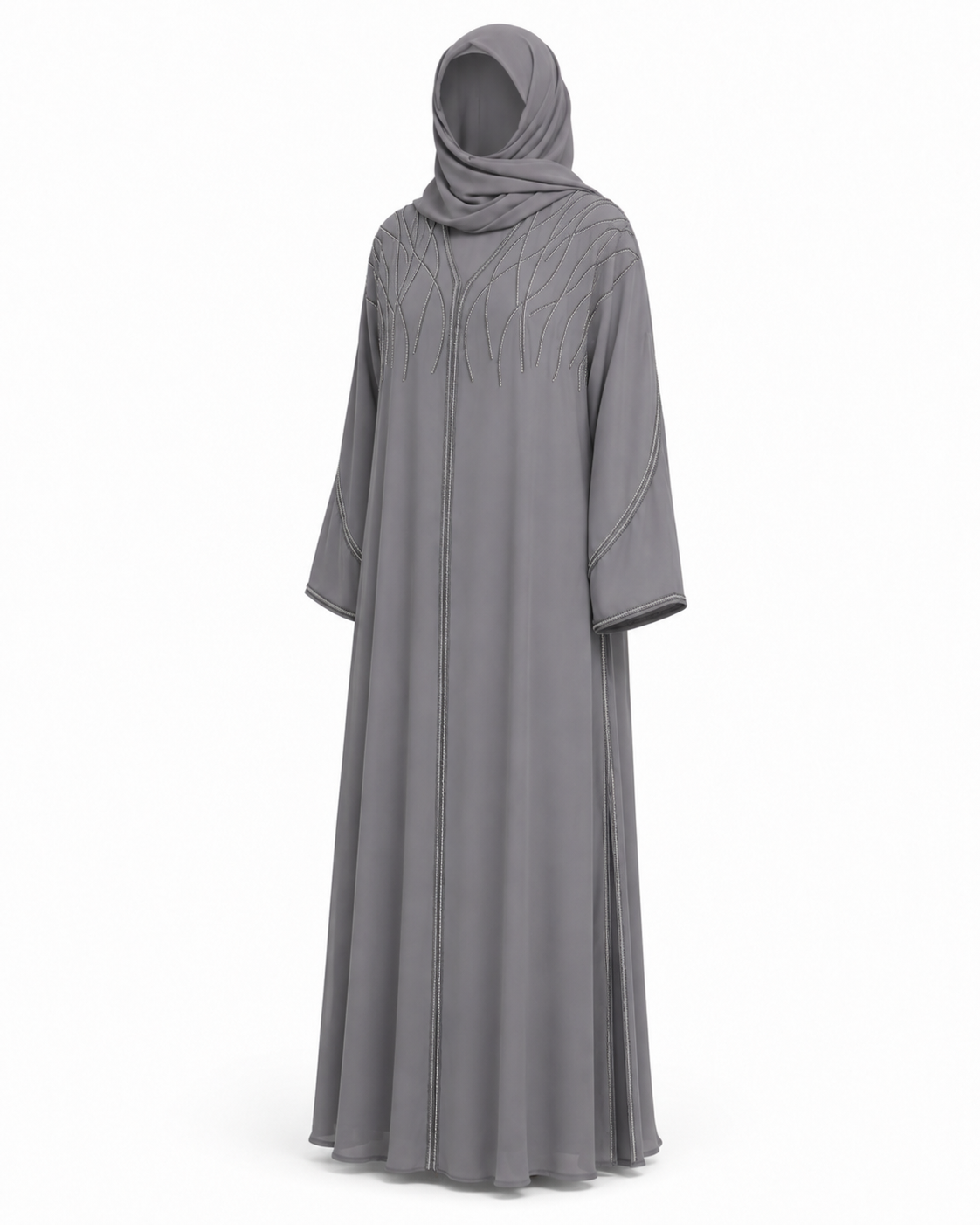 Zohroze Steel Grey Layered Farasha Abaya with Silver Vine Hand Embellishment