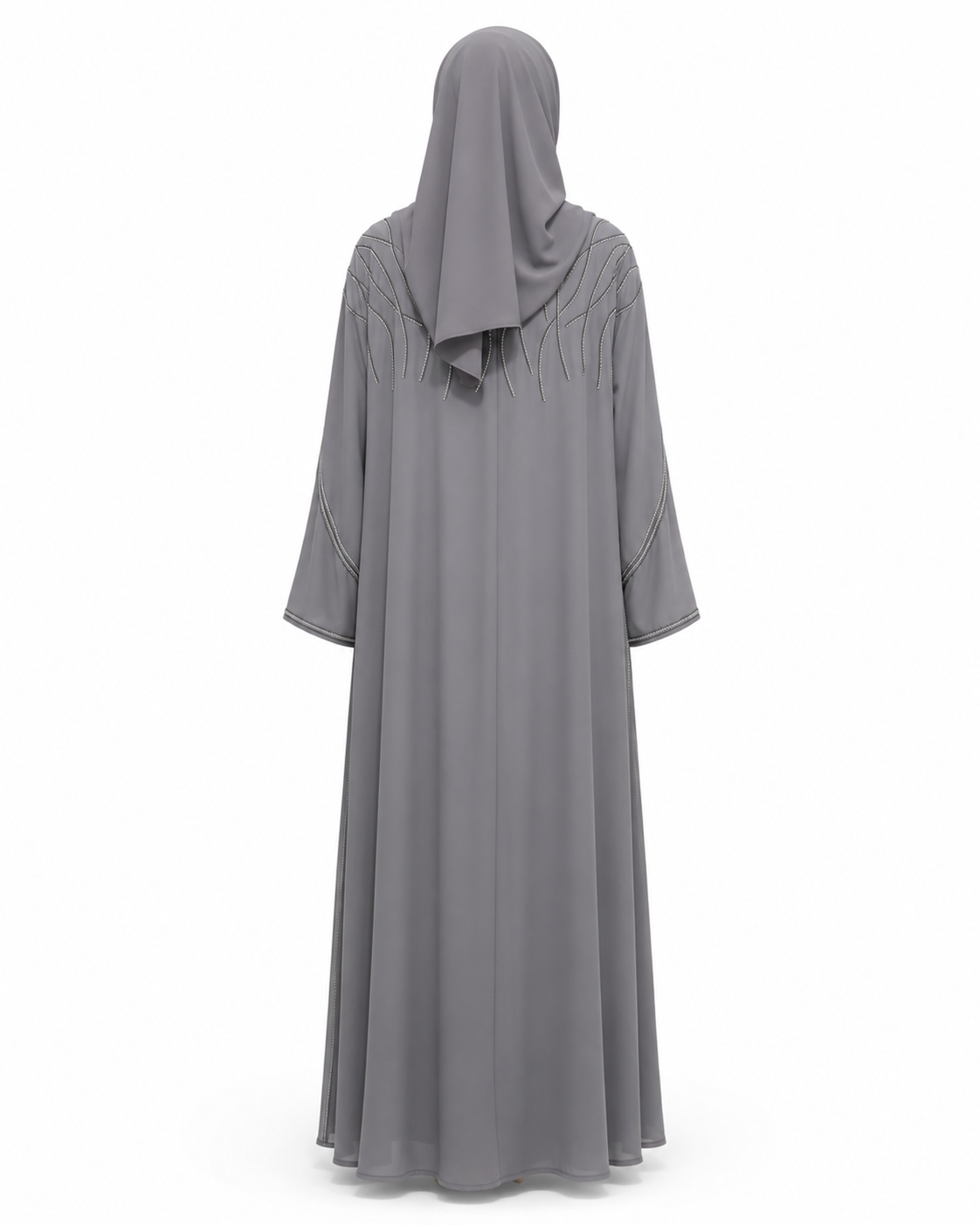 Zohroze Steel Grey Layered Farasha Abaya with Silver Vine Hand Embellishment