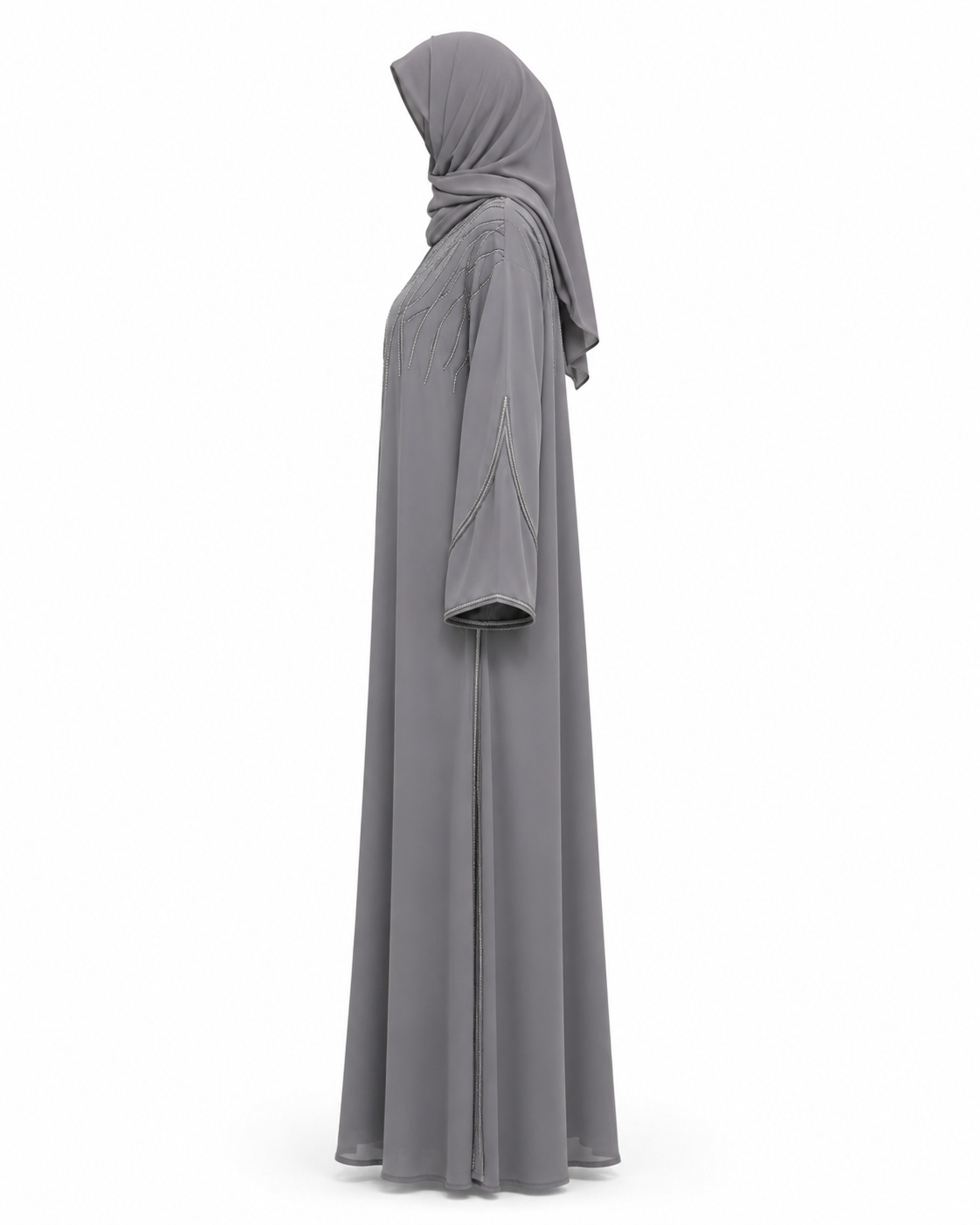 Zohroze Steel Grey Layered Farasha Abaya with Silver Vine Hand Embellishment