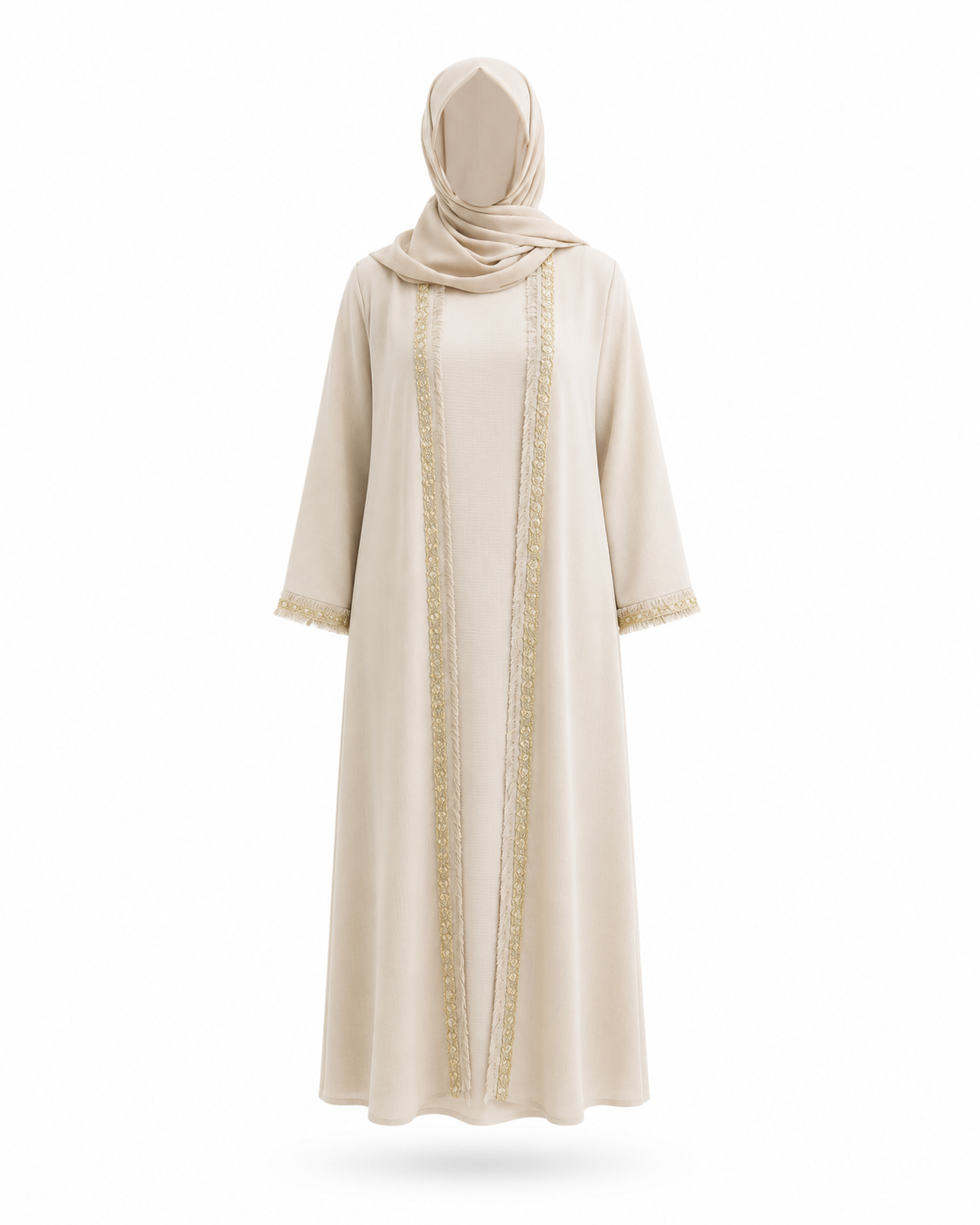 Zohroze Sandstone Pearl Beige Luxury Hand Embellished Open Wrap Abaya