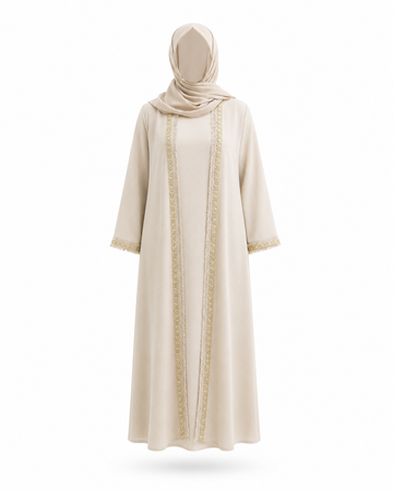 Zohroze Sandstone Pearl Beige Luxury Hand Embellished Open Wrap Abaya