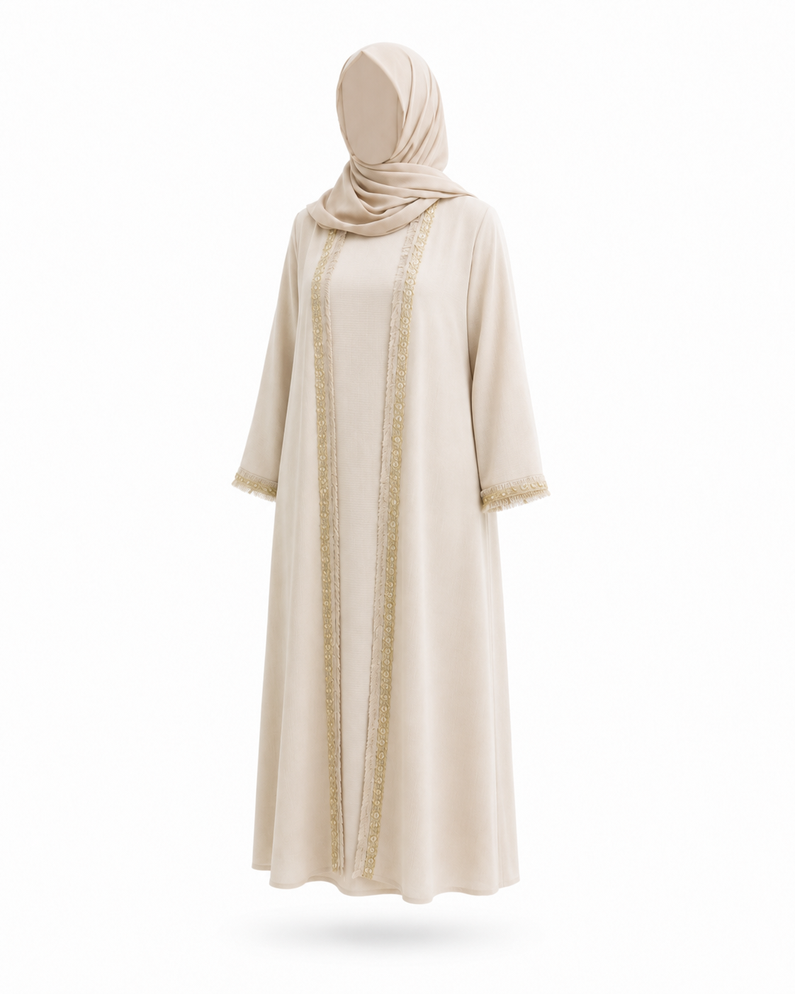 Zohroze Sandstone Pearl Beige Luxury Hand Embellished Open Wrap Abaya