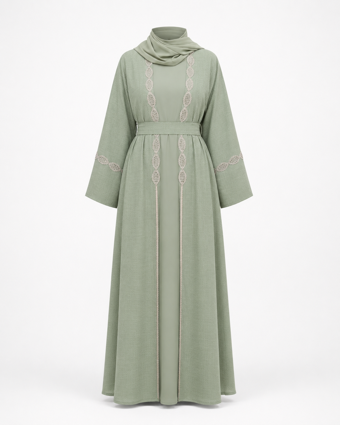 Zohroze Sage Green Mirror Work Open Abaya